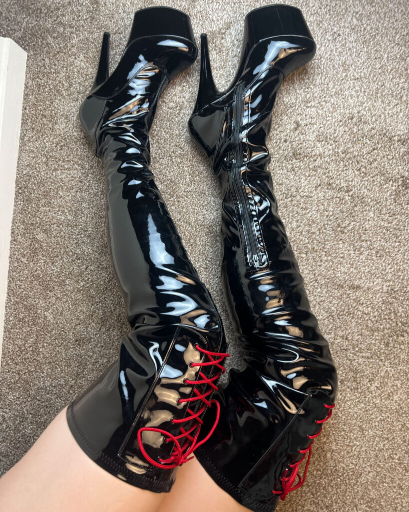 Me wearing thigh-high patent platform boots with red laces (Pleaser Adore-4001WR)